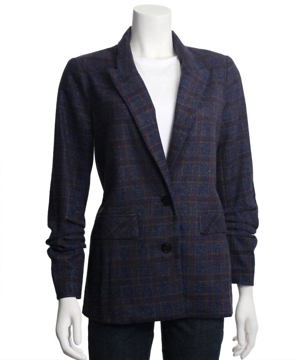 NEW SKIES ARE BLUE women's ruched sleeves plaid blazer in navy/brown